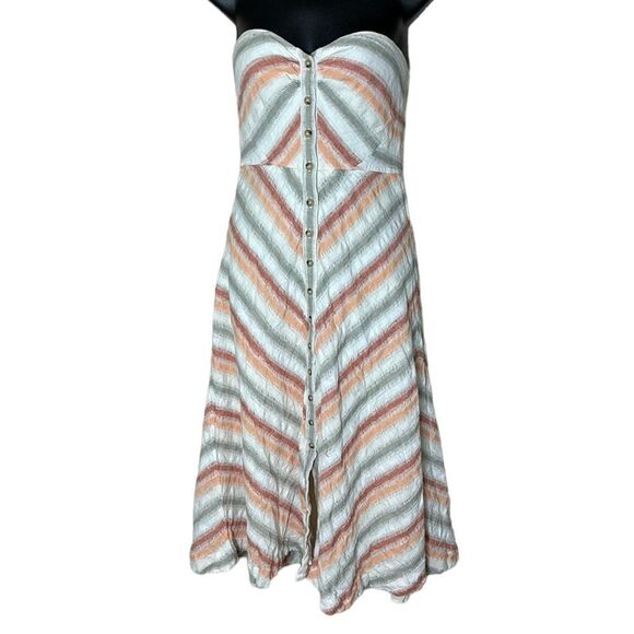 Free people striking striped midi dress linen strapless Chevron button front - Picture 1 of 12